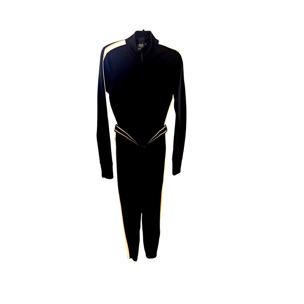 The Upside Black Jumpsuit with Cream Piping Long Sleeve Zip Front Size L - Picture 4 of 7